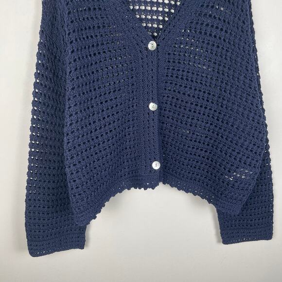VINCE Crochet Cardigan Sweater Womens 3X Navy Blue Organic Cotton Button Front - Picture 9 of 16